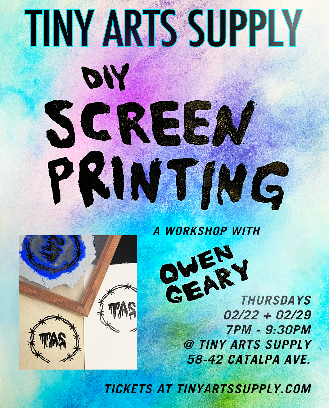 Ticket for DIY Screenprinting with Owen Geary for Thursday 2/22/24 at 7pm-9pm